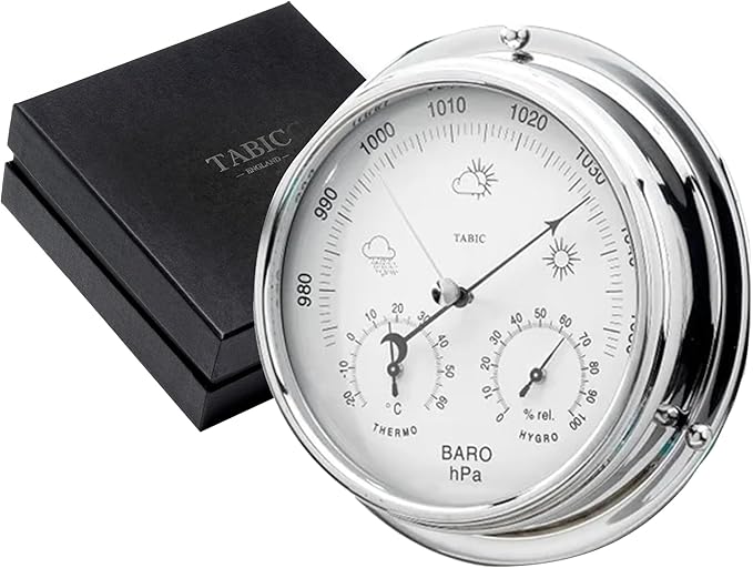 Chrome Barometer with Built-in Hygrometer &Thermometer - Analog Weather Station for Home & Outdoor Use - Handmade in England - Heavy Chrome Plated Brass Case (1/2kg), 6in x 2in by TABIC