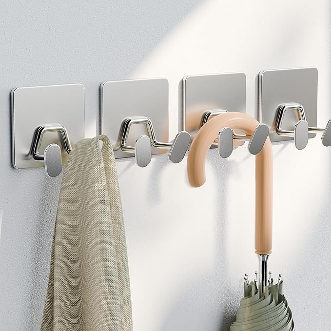 Adhesive Shower Hooks for Inside - Extra Sticky Stainless, Razor Holder Shower Accessories, Wall Mounted Self-Adhesive Double Hooks for Razor, Loofah, Towel, Shaver, Coat, Key, Silver, 4-Pack - Image 2