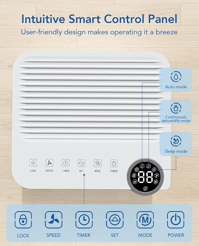 2500 Sq.Ft Dehumidifier for Basement with Drain Hose Max 34 Pints, Dehumidifiers for Home Large Room Bathroom Bedroom, 3 Modes, Smart Humidity Control, Auto Defrost, 24H Timer, Sleep Mode - Image 5