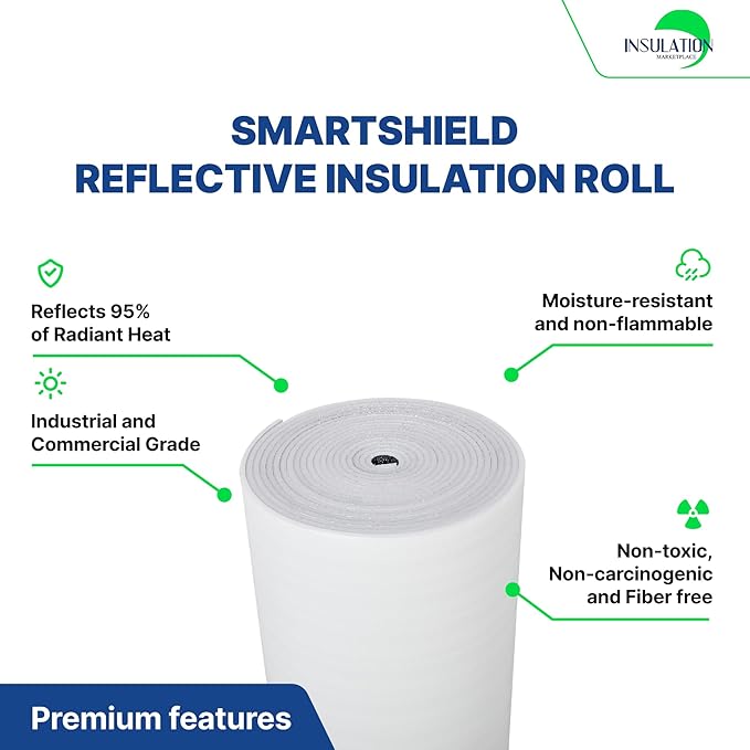 SmartSHIELD -10mm 48" x 50ft R20 Reflective Insulation roll, Foam Core Radiant Barrier, Thermal Insulation Shield - White / FOIL - Image 3