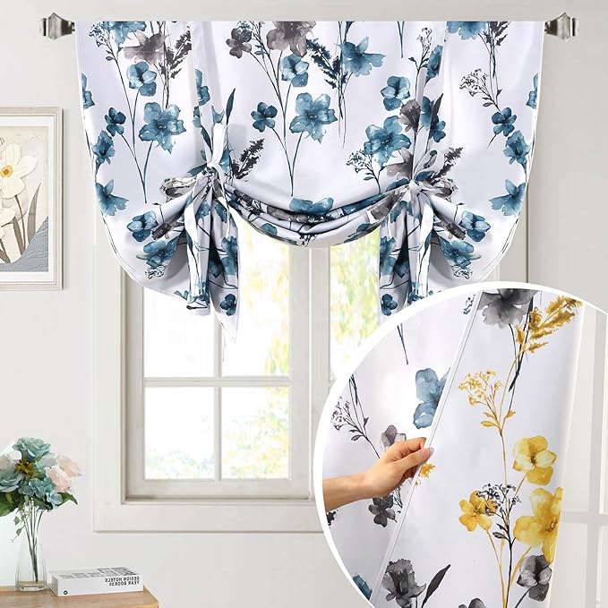 H.VERSAILTEX Tie Up Curtain Double Sided Cattleya Floral Printed Window Valance Balloon Roman Curtain, Rod Pocket 1-Pack, Reversible in Blue/Yellow, W 42 x L 36 by HVERSAILTEX