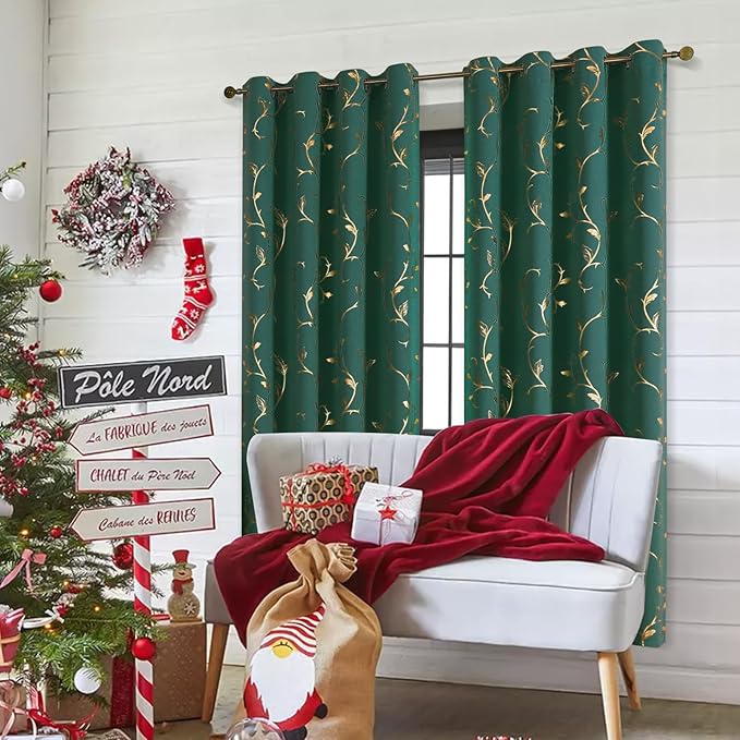 BUHUA Gold Blackout Curtains 84 Inches Length for Christmas, Thermal Curtain for Bedroom 2 Panels Set, Room Darkening Curtains with Wave Vine (52W×84L Emerald Green) - Image 7