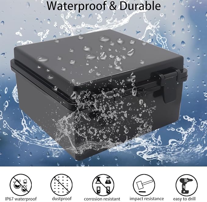 Junction Box, Hinged Black Cover IP67 Waterproof ABS Project Box with Mounting Plate Electrical Box Enclosure with Wall Bracket 8.3 x 8.3 x 4.3inch(210x210x110mm) - Image 2