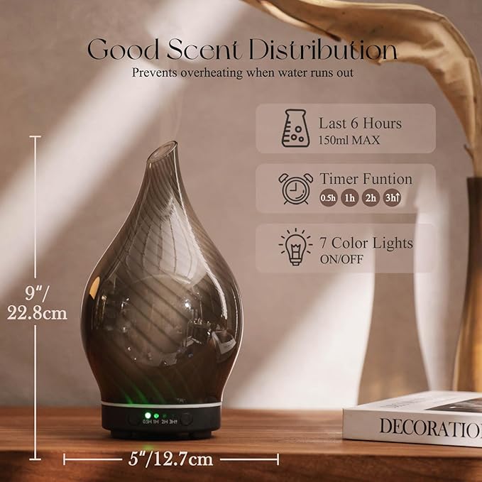 Porseme 150ml Essential Oil Diffuser Glass Color Changing Aroma Air Diffusers Aromatherapy Ultrasonic Cool Mist Humidifier 6 Running Hours Waterless Auto-Off for Sleeping Yoga Office Spa (Pure Grey) - Image 3