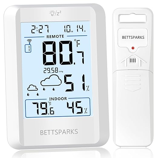 Indoor Outdoor Thermometer Wireless Weather Station with 330FT Range Remove Sensor Inside Outside Digital Hygrometer Thermometer Battery Powered Temperature Gauge Humidity Monitor with Clock&Backlight by Bettsparks