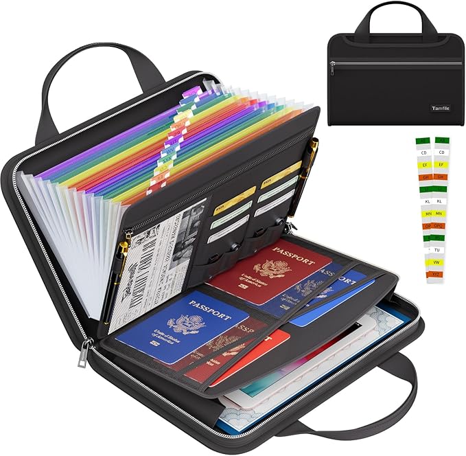 Tamfile Fireproof Accordion File Organizer with Handle, 13 Pocket Colorful Expanding File Folder with Zipper & Labels, File Folder with Multi-Pockets Paper Organizer Folder for Letter A4 Files (Black) by Tamfile