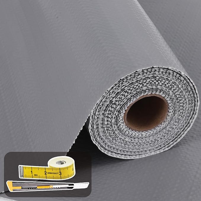 Shelf Liners for Kitchen Cabinets 12in x 10FT Non Adhesive Drawer Liner Grey Thickened Shelf Liner Paper Strong Non-Slip Easy to Clean for Tool Box Refrigerator with Knife and Tape Measure by Oneoftheworld