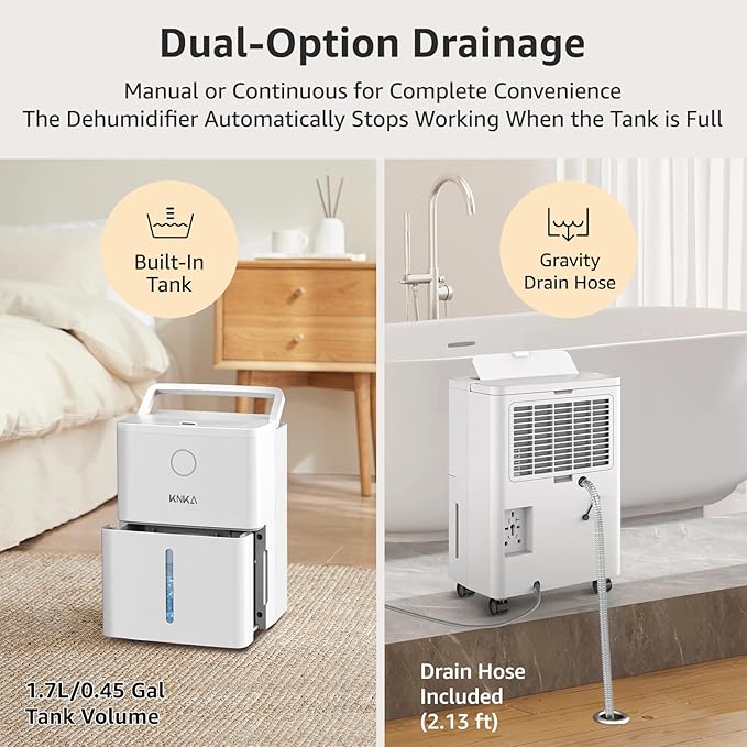 KNKA 1600 sq.ft Dehumidifier for Basement, 21 Pint Dehumidifiers for Home with Drain Hose, Continuous Drainage, Washable Filter, Intelligent Humidistat for Bedroom, Bathroom, Large Room - Image 3