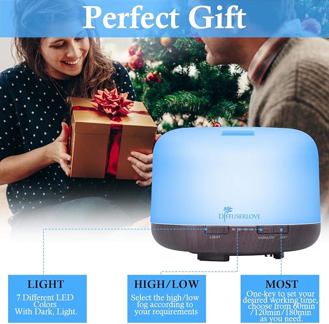 Diffuserlove Essential Oil Diffuser 500ML Aromatherapy Diffuser Mist Humidifiers 7 Color LED Lights Diffusers for Home Office Bedroom (Size:6.7" L x 6.7" W x 4.7" H) - Image 6
