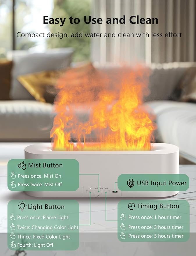 Flame Air Diffuser, Humidifier, Essential Oil Diffuser - 7 Colors, 180mL Capacity (8 Hours), Noiseless Operation, Auto-Off Protection - Perfect for Home Bedroom Office Gifts(White) - Image 5