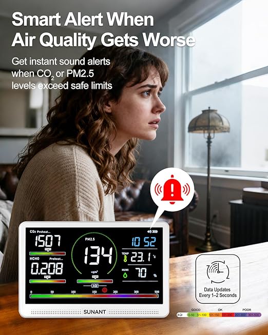 16 in 1 Indoor Air Quality Monitor, 7" LED Display 9 AQI+7 AQI Auto Alerts Air Quality Meter for CO2 Monitor/HCHO/TVOC/Temperature/Humidity, Battery Powered, Air Detector Air Quality Tester for Home - Image 4