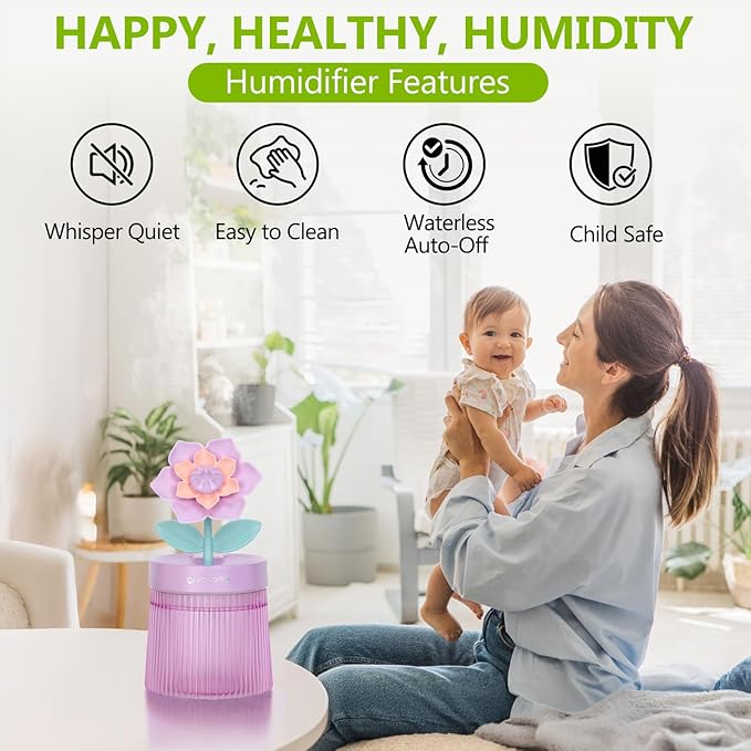 Cute Flower Mini Humidifier, 260ml Gardenia Desktop Humidifiers for Bedroom, Portable Small Cool Mist Humidification for Home, Baby Nursery, Office & Indoor Plants, USB Powered (Purple) - Image 3