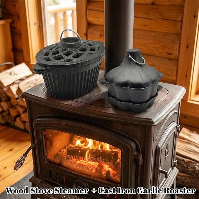 2-in-1 Wood Stove Steamer/Humidifier with Garlic Roaster & Saucepan Pot, Dual-Layer Design for Steaming, Baking, Stove Protection & Multi-Functional Cooking (1.4 Qt + Compact Size) - Image 2