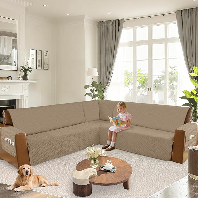 Arfntevss Waterproof Sectional Couch Covers L Shape Washable Velvet Sofa Cover for Sectional Non Slip Corner Slipcovers Dog 6 Pcs Universal U Shaped Furniture Protector (Light Camel, XX-Large) - Image 6