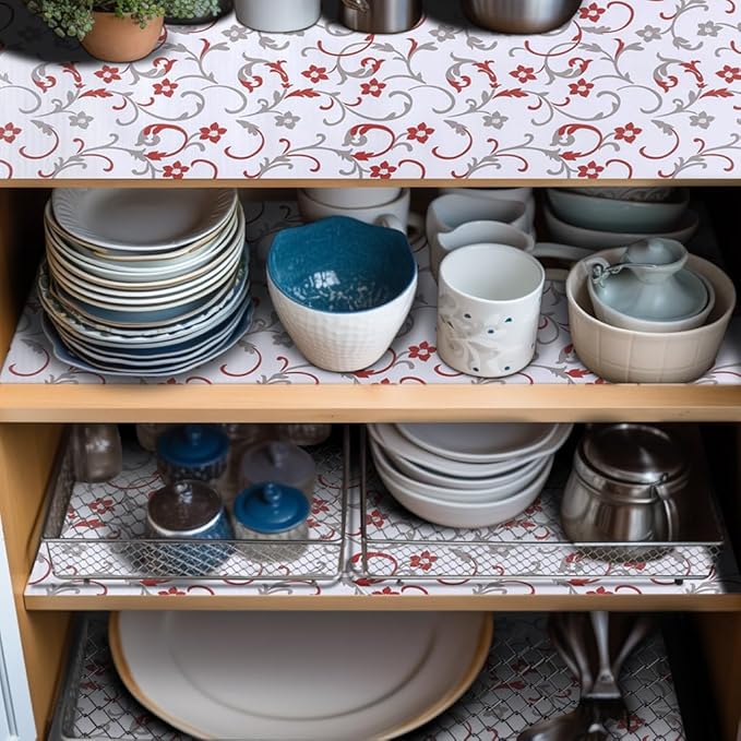 2 Rolls 18" W x 96" L Floral Drawer and Shelf Liner for Cabinets, Non-Adhesive Strong Grip Non-Slip Flower Shelf Cabinet Kitchen Shelf Liners for Kitchen Cabinets - Image 2