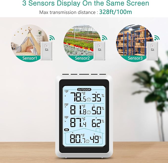 ORIA 3 Sensor Wireless Indoor Outdoor Thermometer Hygrometer, Digital Temperature Humidity Monitor with Backlit Display, Min/Max Records, Celsius/Fahrenheit Switch for Home, Garden, Greenhouse - Image 4