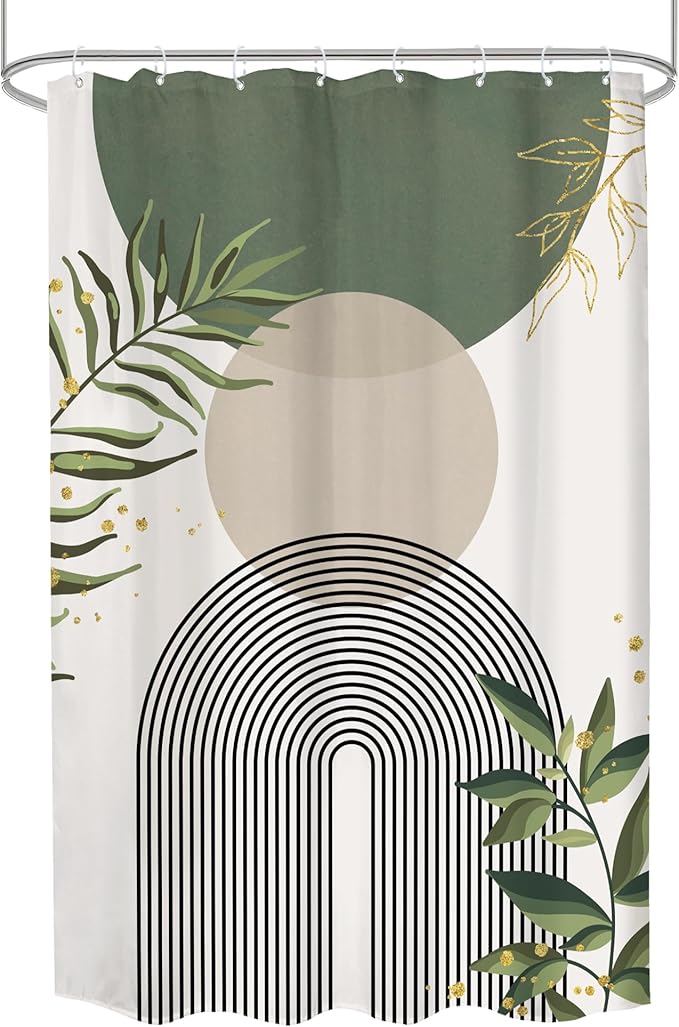 Stall Small Boho Shower Curtain 48Wx72H Rv Sage Green Modern Bohemian Abstract Leaves Mid Century Plant Half Narrow Bathroom Decor Minimalist Geometric Bath Curtain Fabric Polyester 8 Pack Hook - Image 5