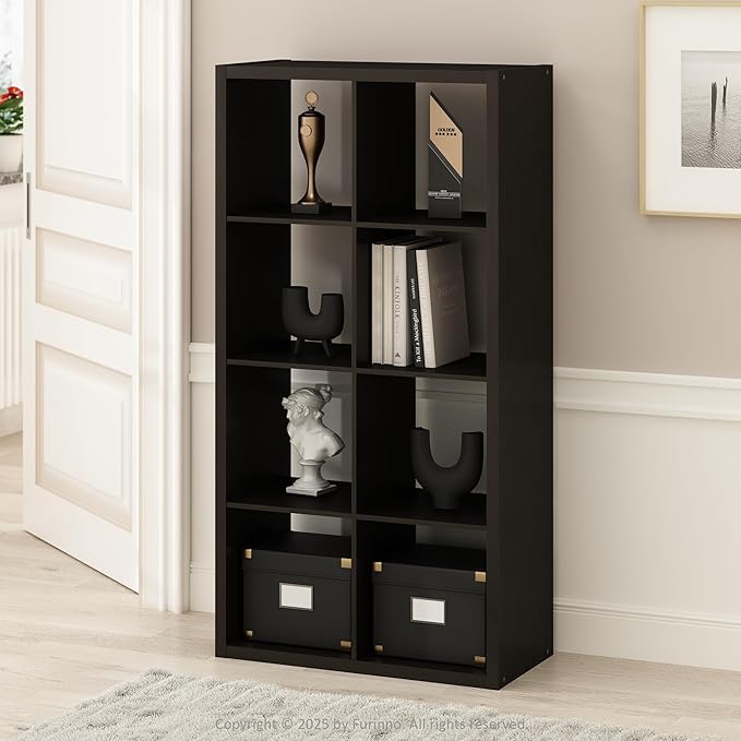 Furinno Simple Cube Storage Organizer, 8-Cube Display Shelf, Open Back Shelving Unit, Storage Shelves, Extra Thick Frame, for Organization and Storage, Living Room, Home Office, Dark Oak by Furinno-FitsYourSpaceFitsYourBudget