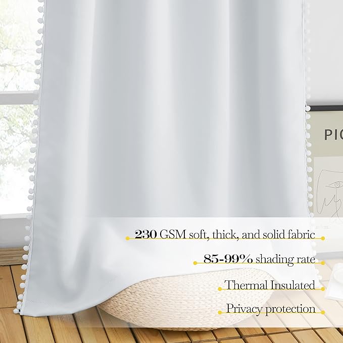 NICETOWN Pom Poms Trimming Blackout Curtains, Farmhouse Blackout Window Curtains Set of 2 Panels, Thick Thermal Insulated Vertical Drapes for Girls Boys Room Playroom, Greyish White, W52 x L84 inch - Image 5
