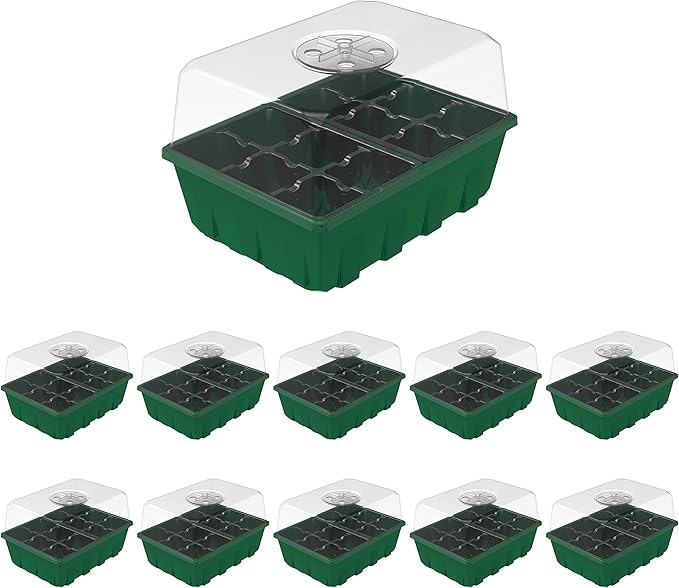 Gardzen 10-Set Garden Propagator Set, Clear Seed Tray Kits with 120-Cell, Seed Starter Trays with Dome and Green Base 6.6" x 4.5" (12-Cell Per Tray) by Gardzen