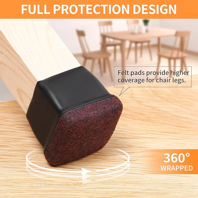 Ezprotekt 8 Pcs Extra Large Square Chair Leg Floor Protectors, Silicone Felt Furniture Pads for Hardwood Floor, Dining Table Bar Stool Leg Protectors Leg Cups Covers (XL Fit: 1.5" - 2", Black) - Image 2