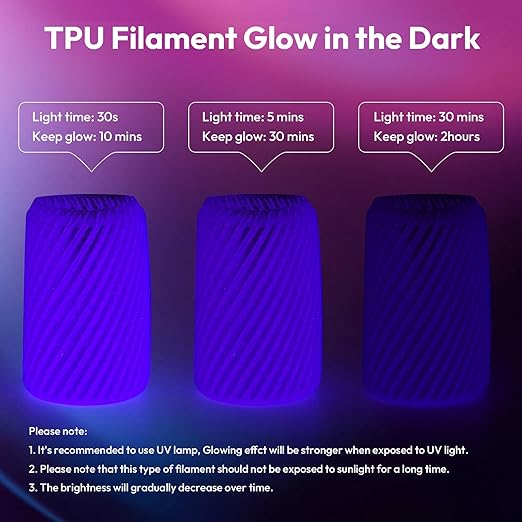 AMOLEN 95A TPU Glow in The Dark Filament Bundle, Red, Orange, Blue Purple, Green 1.75mm Soft Flexible TPU 3D Printer Filament, Best with UV Lamp, 200g x 4 Pack, Luminous Filament for Halloween - Image 4