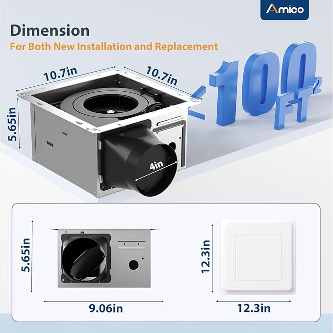 Amico Bathroom Exhaust Fan with Light, 110 CFM, 1.0 Sones, 5CCT, Easy Retrofit without Attic Access, Adjustable Bathroom Fan with light, Quiet Operation, ETL & FCC Certified - Image 2