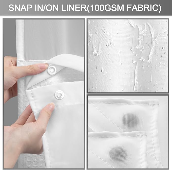 White Shower Curtain and Liner Set,230GSM Waffle Weave Textured Heavy Duty Hotel No Hook Shower Curtain 75" L x 72" W - Image 4