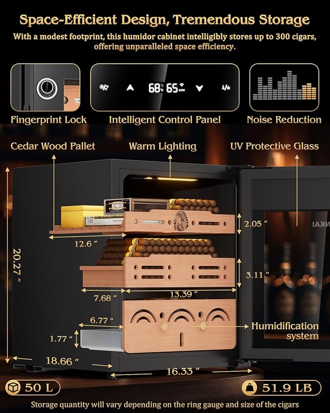 Electric Cigar Humidor Cabinet with Temperature & Humidity Control System, 50L Cooling Cigar Fridge up to 300 Counts, Cedar Wood Shelves,Digital LED Screen,Fingerprint Safety Lock,Gift for Men - Image 3