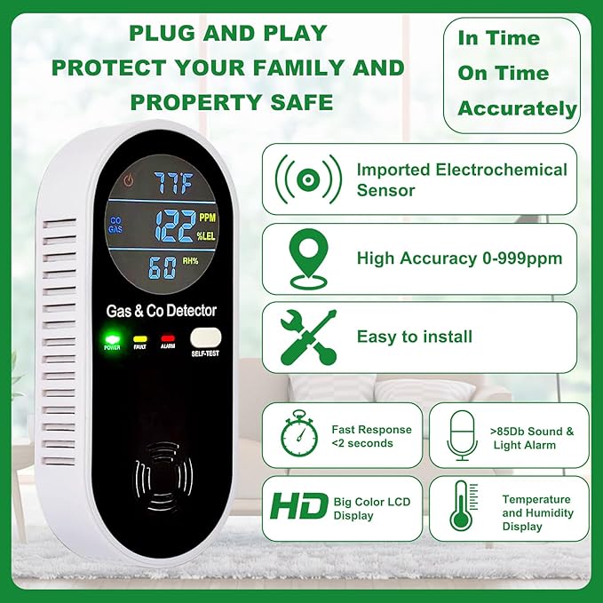 Combustible Gas & Carbon Monoxide Detector 4-in-1 Alarm with Temp/Humidity Sensor – Plug-in CO/Gas Leak Detector for Home, RV, Apartment Safety (Explosive Gas & CO Detection) 2-Pack - Image 4