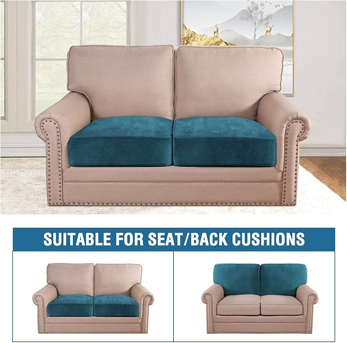H.VERSAILTEX Velvet Stretch Couch Cushion Cover Plush Cushion Slipcover for Chair Loveseat Sofa Cushion Furniture Protector Seat Cushion Sofa Cover (2 Piece Medium Sofa Cushion Covers, Deep Teal) - Image 3
