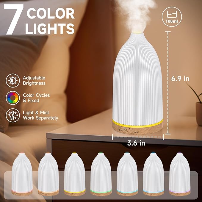URPOWER 100ML Essential Oil Diffusers for Home with 7 LED Color Changing Lights, Timer & Auto-Off Ultrasonic Aromatherapy Diffuser Cool Mist Humidifer Scent Diffuser for Bedroom, Office, Yoga - Image 3