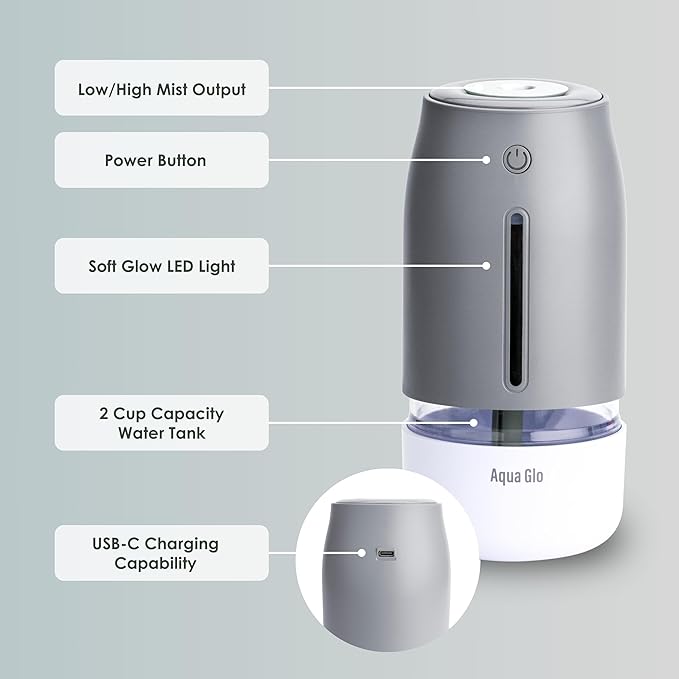 Aqua Glo Personal, Portable Humidifiers for Bedroom – Ultrasonic Cool Mist Humidifier with Built In Rechargeable Battery. Air Humidifier for Baby, Plants, Home, Office, Travel. Gray - Image 3