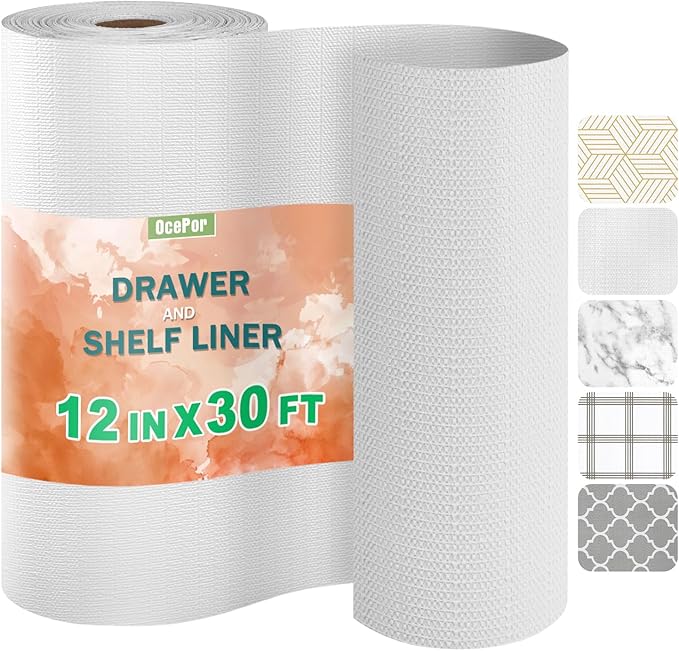 OcePor Non-Adhesive Drawer and Shelf Liner 12IN x 30FT, Non Slip Cabinet and Cupboard Liner, Kitchen Cabinet Liners for Shelves,Waterproof Drawer Shelf Liners for Cabinets/Bathroom Cupboard, White by OcePor