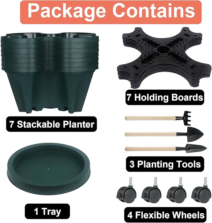 GameXcel Vertical Planter 7 Tier Stackable Planters Garden Planters Strawberry Herb Flower and Vegetable Planter Indoor Outdoor Gardening Pots with Removable Wheels and Tools - Image 8
