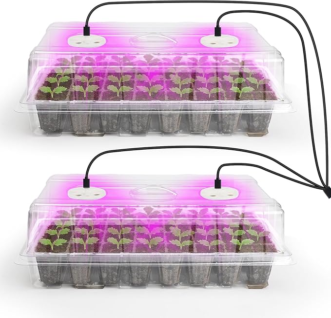 Bonviee 2-Pack Seed Starter Tray with Plant Light, Elevated Seedling Starter Trays Kits with Adjustable Humidity Domes and Clear Cell Tray, 12 Full Spectrum Led Lamp Beads for Plants Indoor-Clear by BonvieeDirect