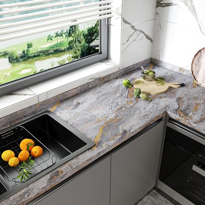 CRE8TIVE Wide 24"x354" Matte Gold Grey Marble Contact Paper for Kitchen Countertop Peel and Stick Marble Wallpaper Self Adhesive Removable Temporary Wallpaper Waterproof Vinyl Wrap for Furniture Walls - Image 3