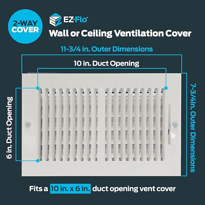 EZ-FLO 10 x 6 Inch (Duct Opening) Air Vent Cover for Wall or Ceiling, Two-Way Ventilation Register, Solid Steel HVAC Register Cover, White, 61610 - Image 2