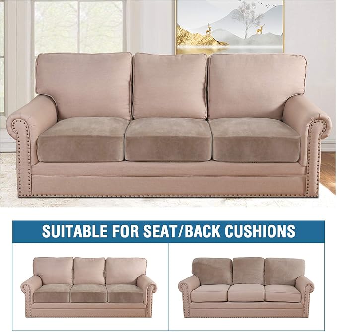 H.VERSAILTEX Velvet Stretch Couch Cushion Cover Plush Cushion Slipcover for Chair Loveseat Sofa Cushion Furniture Protector Seat Cushion Sofa Cover (3 Piece XL Sofa Cushion Covers, Taupe) - Image 3