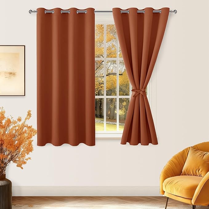 Hiasan Fall Blackout Curtains for Bedroom - Thermal Insulated & Energy Saving Window Curtains for Living Room/Kids Room Home Decor, 2 Drape Panels Sewn with Tiebacks, Burnt Ochre, 52 x 54 Inch - Image 2