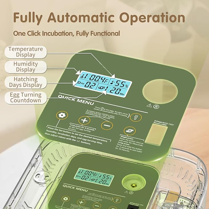 12 Egg Incubator with Automatic Turning, Temperature and Humidity Control, LED Egg Candler, and Auto Water Addition, for Hatching Chicken, Goose, Duck, Quail, Pigeon, and Turkey Eggs - Image 3