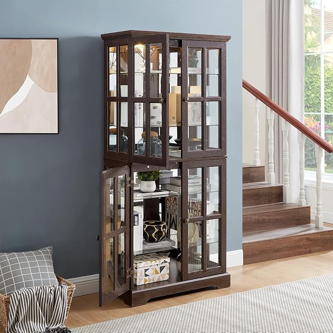 Lighted Glass Curio Cabinet with Lights & Adjustable Shelves,Curio Display Cabinet with Wood Frame & Glass Door,Corner Antique Display Case for Kitchen,Living Room,Office - Image 8