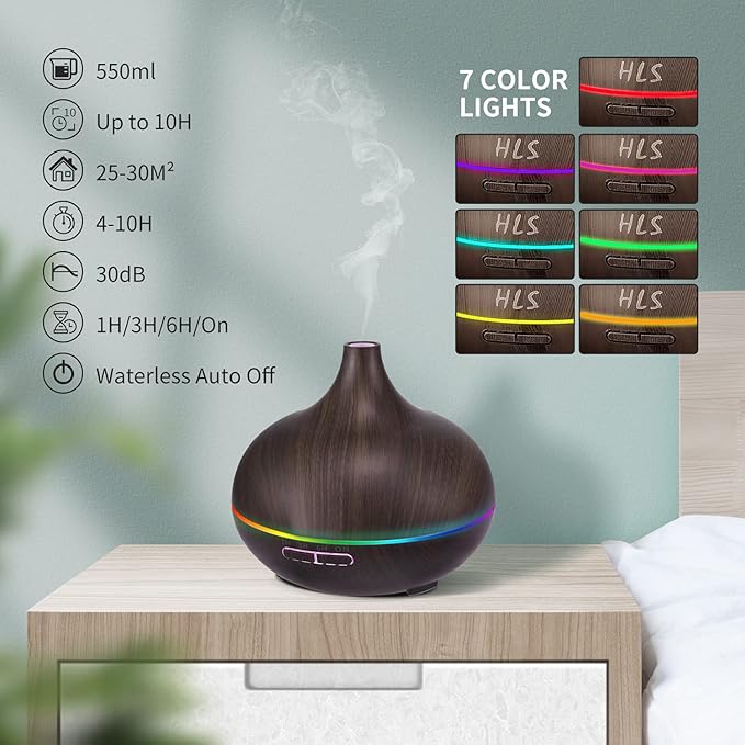 550ML Black Aroma diffusers for Essential Oils, Large Office Essential Oils Aromatherapy Diffuser with Ambient Light & 3 Timer, waterless auto Off Cool Mist humidifier Vaporizers for Bedroom Kids - Image 4