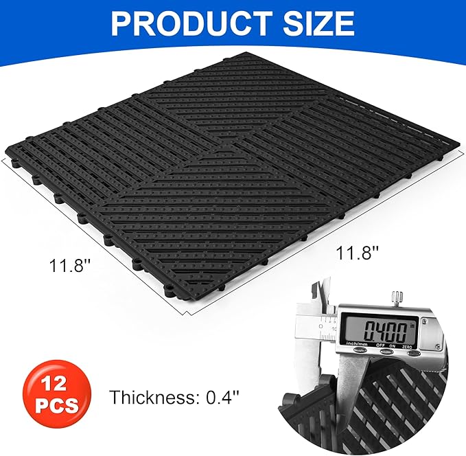 MYFAMIREA Modular Interlocking Cushion 12 Pack 11.8" x 11.8" Rubber Floor Tiles Non-Slip Splicing Drainage Mats for Deck, Pool, Shower, Patio, Balcony, Bathroom, Kitchen, Yard (1 Rows Dots, Black) - Image 2