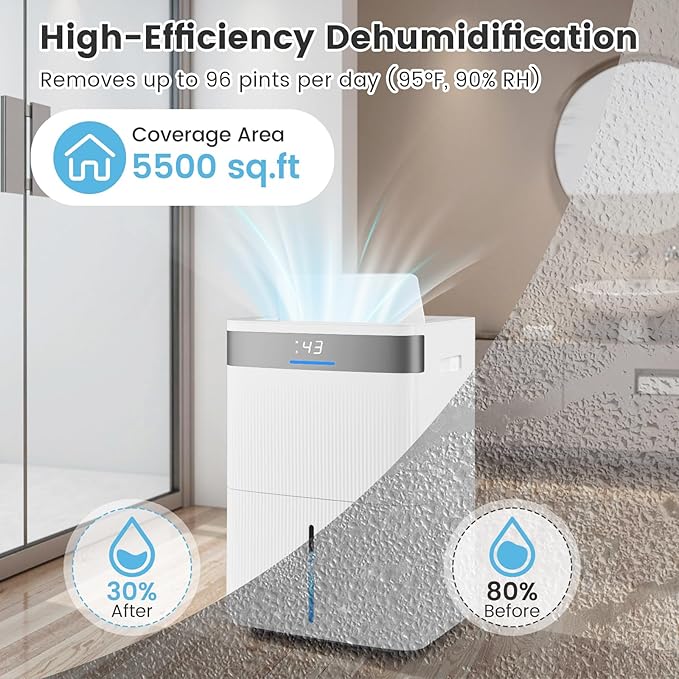 COSTWAY 5500 Sq.Ft Dehumidifier for Basement, Home Dehumidifier with Convenient Handle, 1.4 Gallon Tank, Auto Defrost, 24H Timer, 3-Color Indicator, Drain Hose & Wheels for Bathroom, Bedroom (96 pint) - Image 4