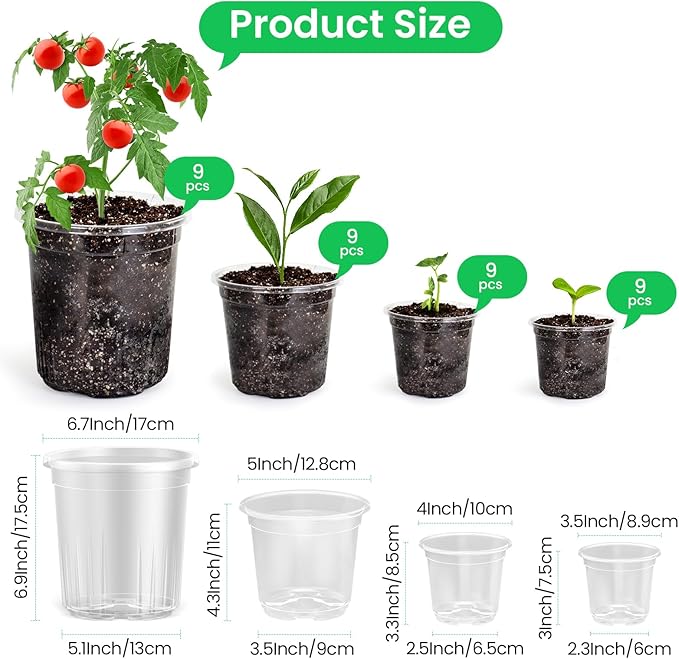 36 Packs 7/5/4/3.5 Inch Reinforced Clear Nursery Pots with Drainage Hole, Transparent Variety Pack Plastic Plant Pot Seedling Planter for Vegetable Propagation, Root Cutting, Seed Starting - Image 2