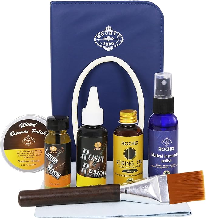 All-in-One Violin Care Cleaning & Maintenance Kit: Beeswax, Liquid Rosin, Rosin Remover, String Oil, Polish, Humidifier, String Brush, Cleaning Cloth & Case – Keep Your Instrument in Optimal Condition by Rochix+