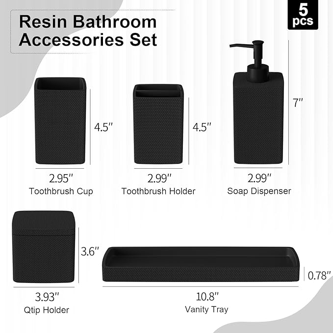 Matte Black Bathroom Accessories Set 5 Pieces, Resin Toothbrush Holders Set Complete with Soap Dispenser, Toothbrush Holder, Vanity Tray, Bathroom Tumbler and Qtip Holder for Small Spaces - Image 7