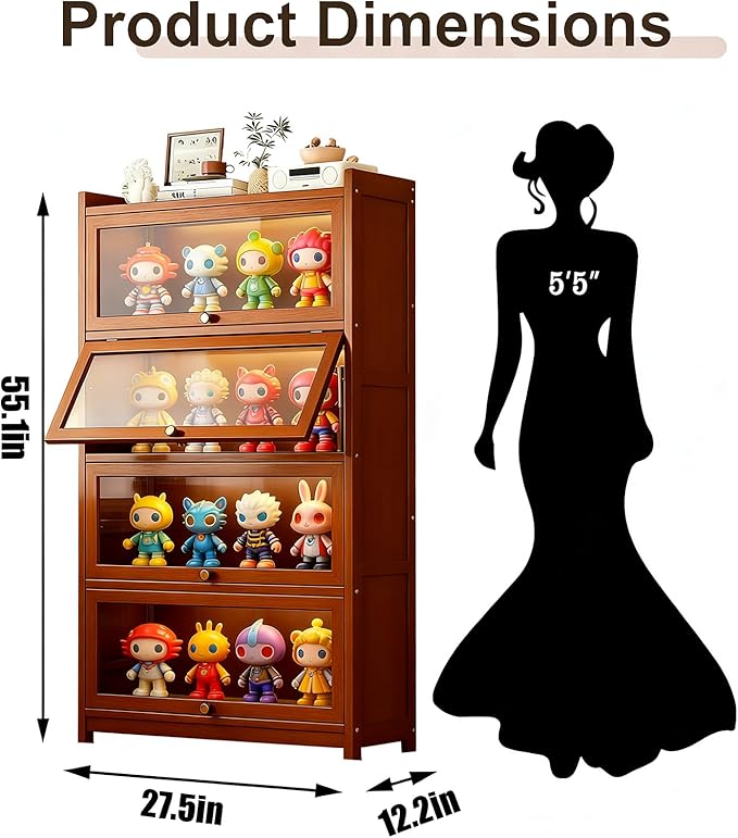 Display Cabinet with Acrylic Glass Doors, Tall Storage Cabinet with Adjustable Shelves, 4 Tier Curio Cabinet&Bookcase for Collectibles, Toys, Books, for Kids Playroom, Bedroom, Study Room - Image 2