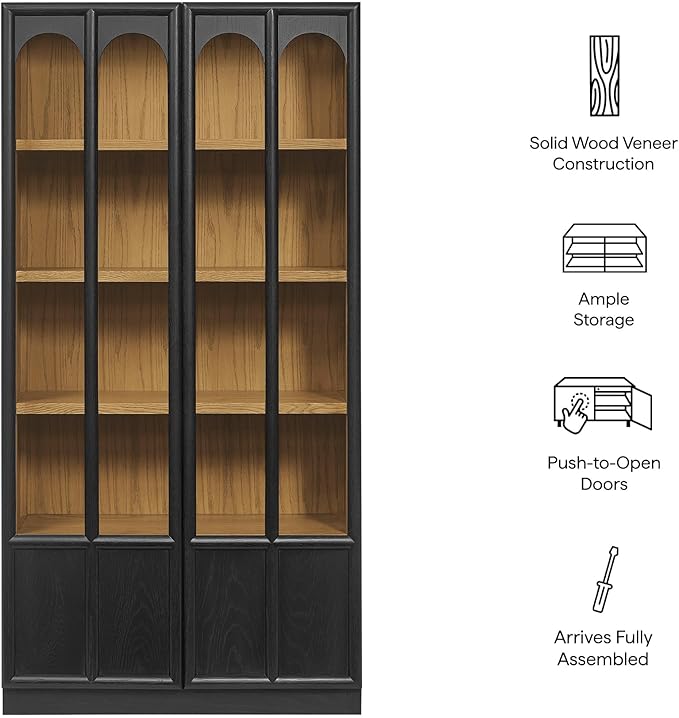 Modway Anwen 79" Wood Display Cabinet with Glass Doors in Black Oak – Modern China Cabinet with Arched Door Detail – Large Curio Cabinet for Collectibles - Image 4